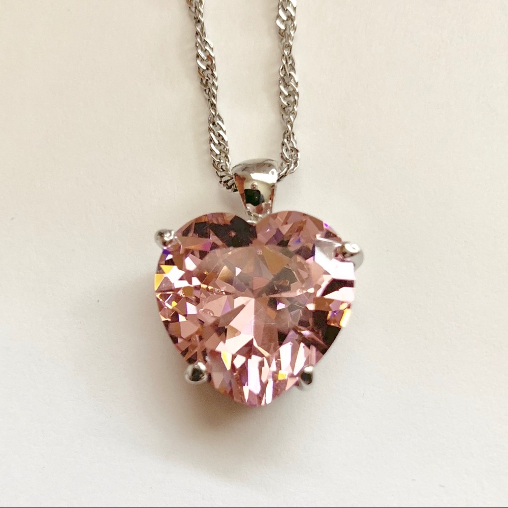Necklace pink heart crystal, twisted silver chain